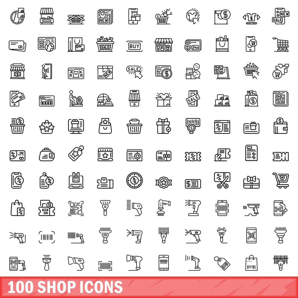 100 shop icons set, outline style vector