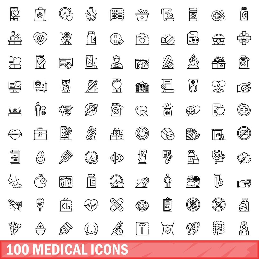 100 medical icons set, outline style vector