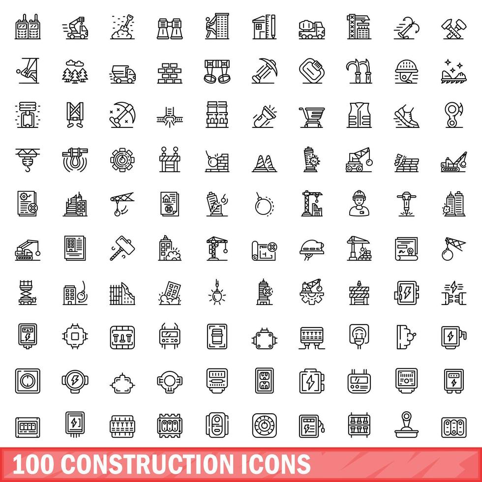 100 construction icons set, outline style vector