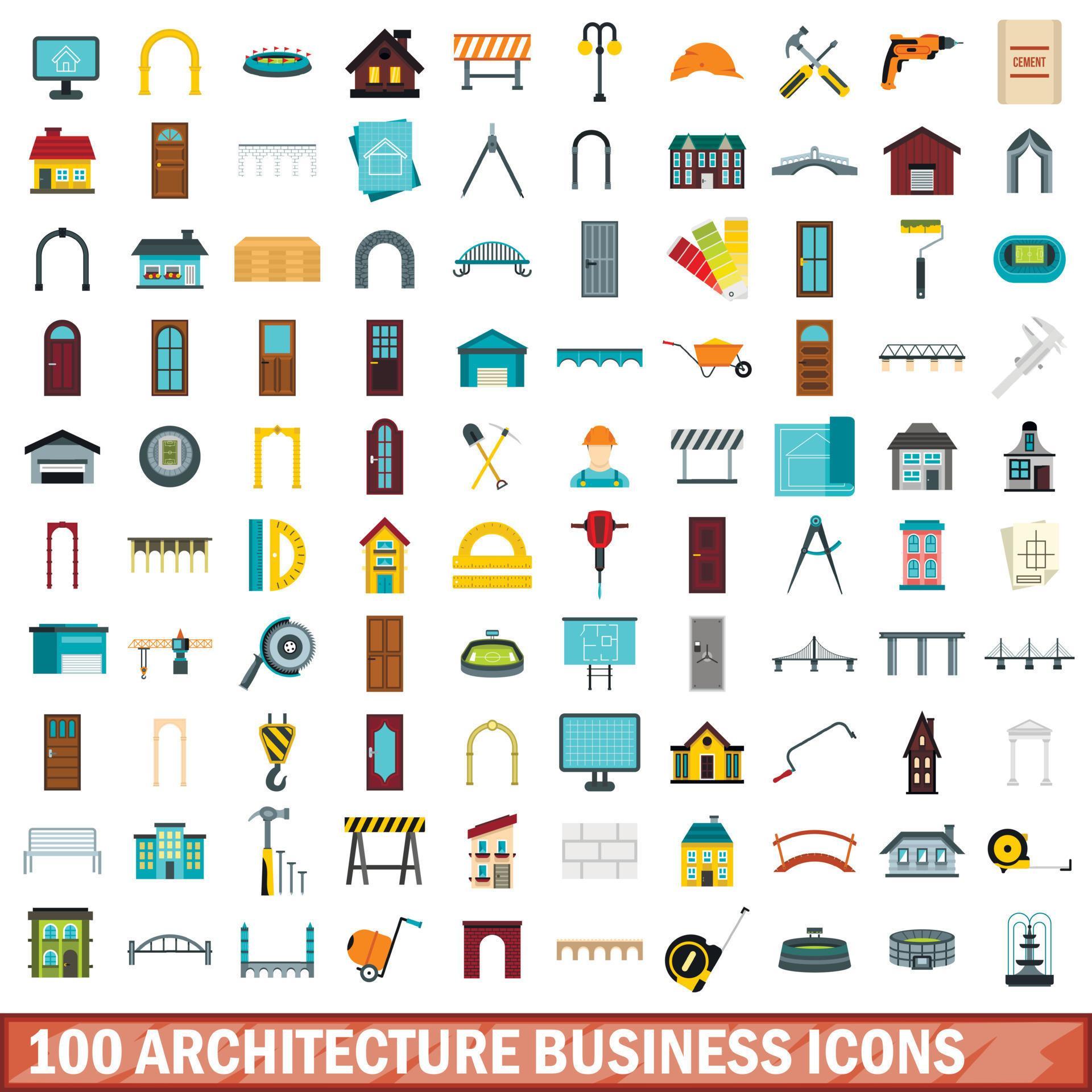100 architecture business icons set, flat style 8658520 Vector Art at ...