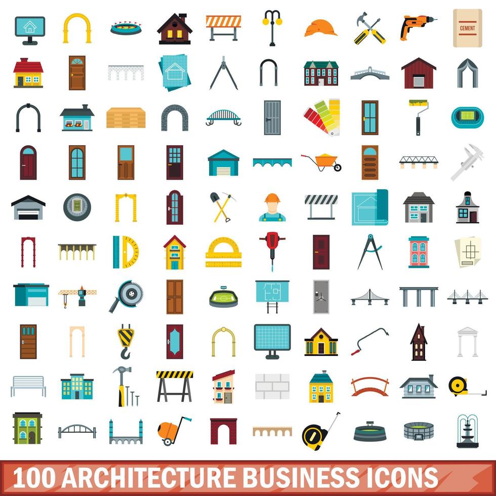 100 conjunto de iconos de negocios de arquitectura, tipo plano vector