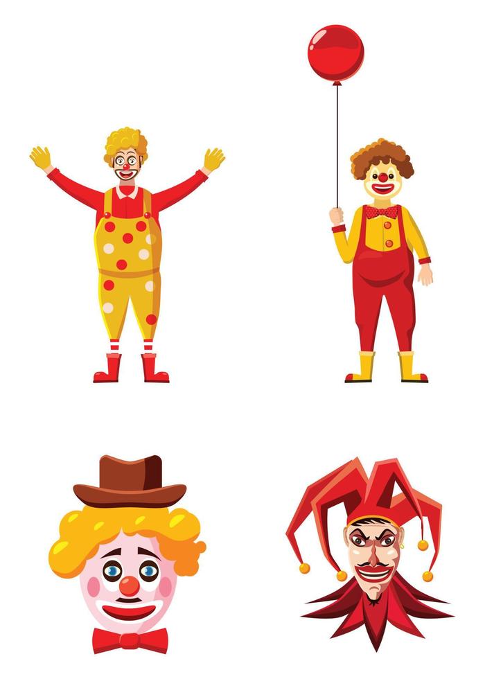 Clown icon set, cartoon style vector