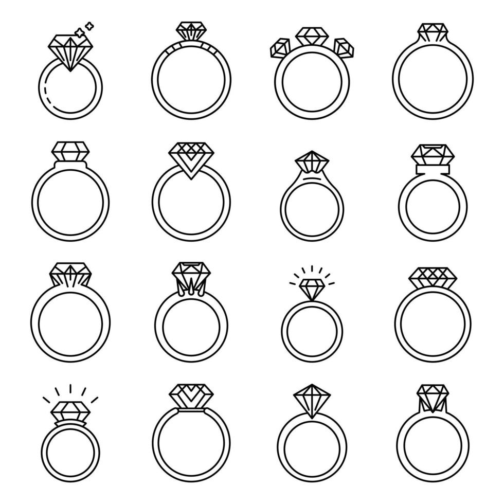 conjunto de iconos de anillo de diamantes, estilo de esquema vector