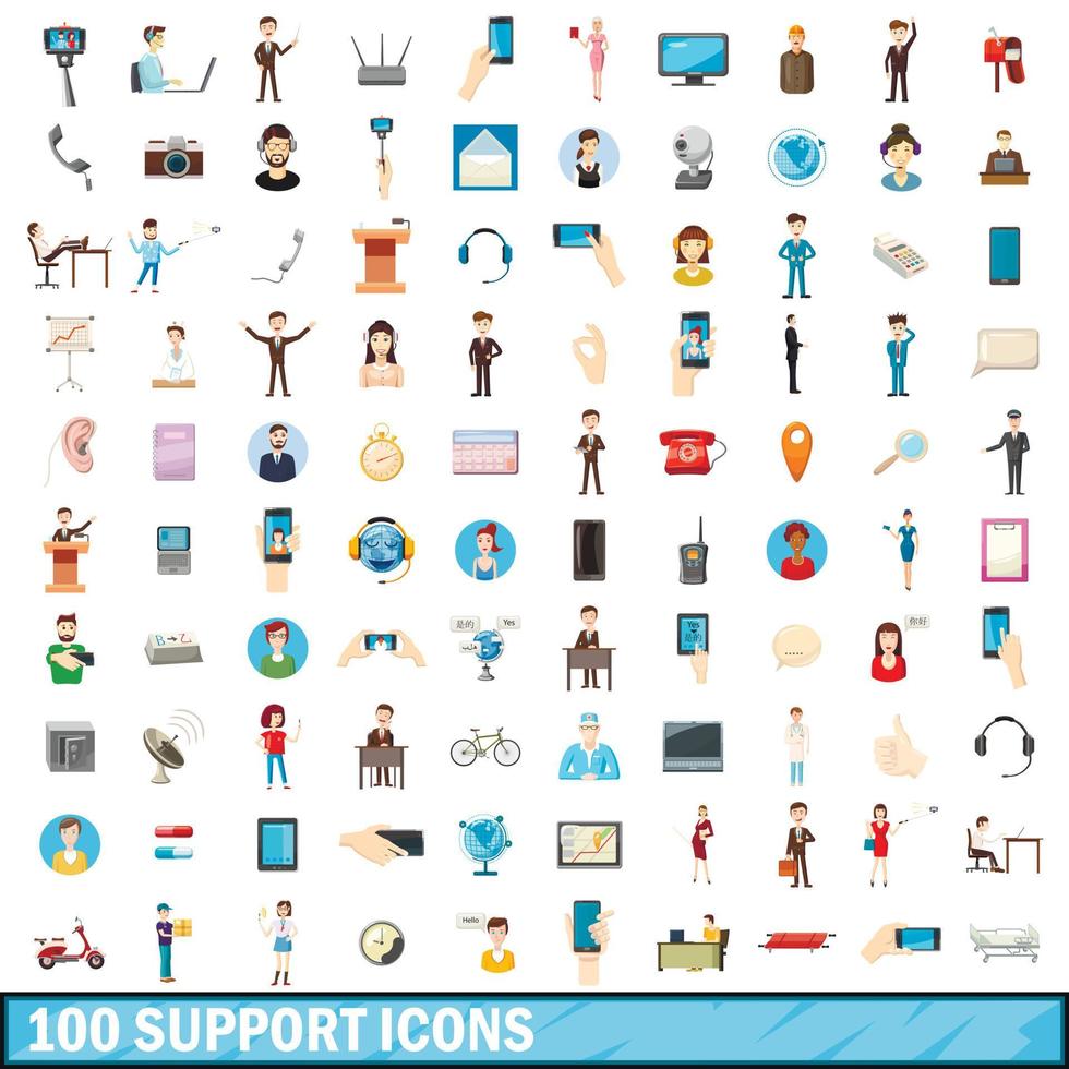 100 support icons set, cartoon style vector