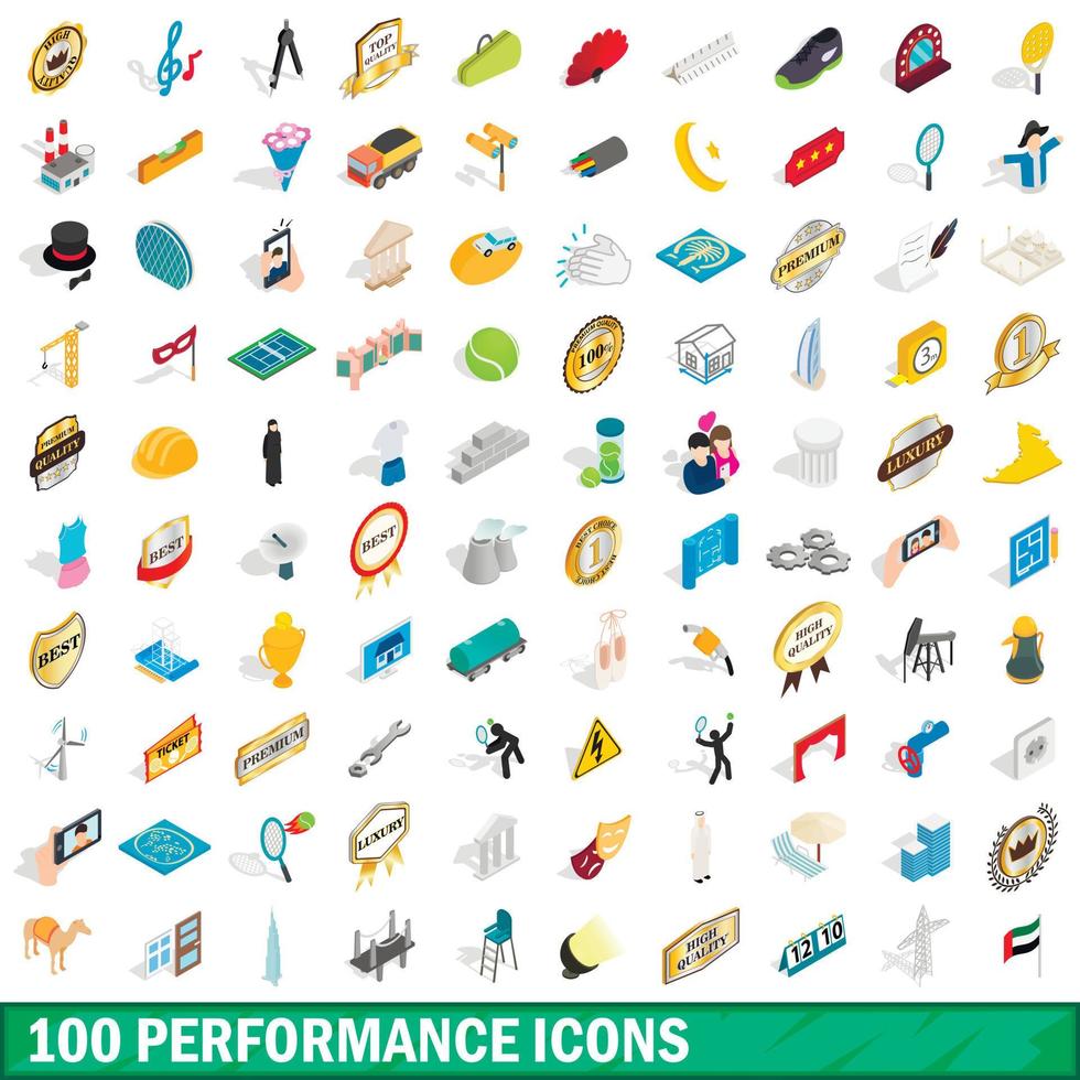 100 iconos de rendimiento, estilo isométrico 3d vector