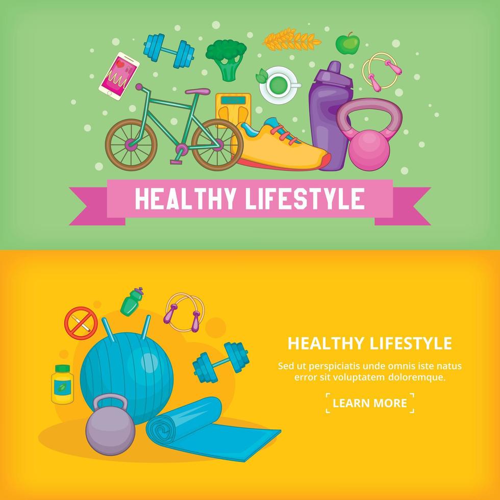 plantilla de conjunto de banner de fitness, estilo de dibujos animados vector