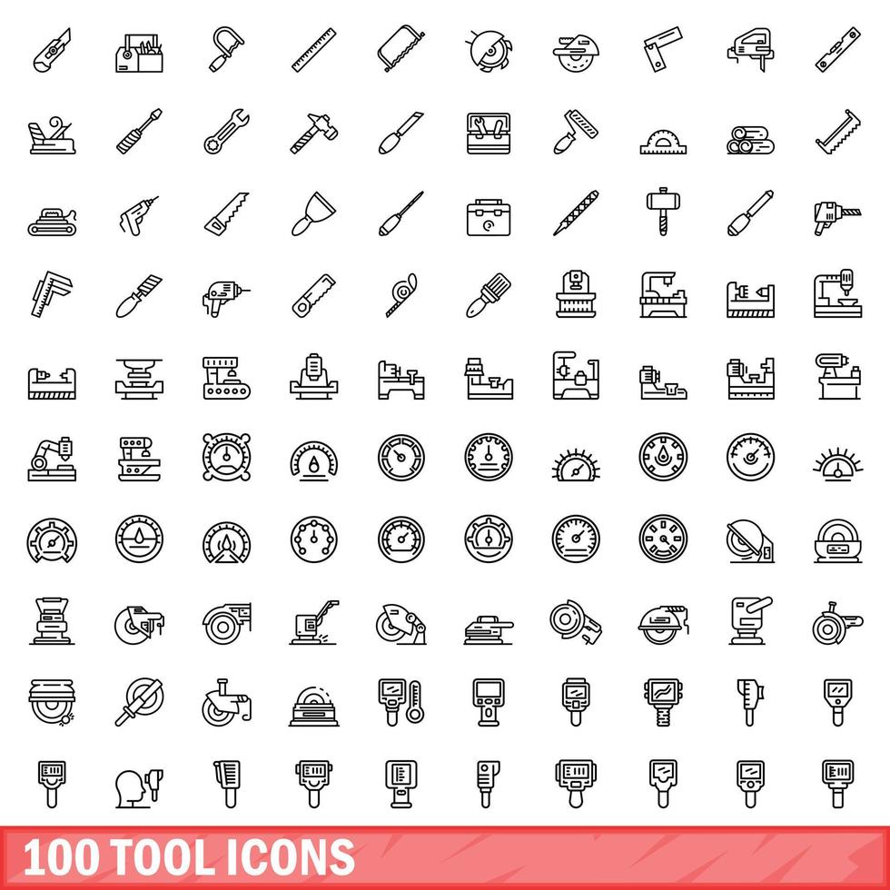 100 tool icons set, outline style vector