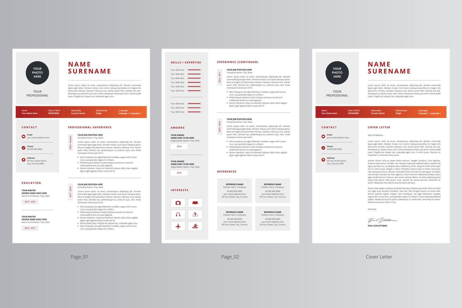 currículum profesional y plantilla de carta de presentación. vector profesional