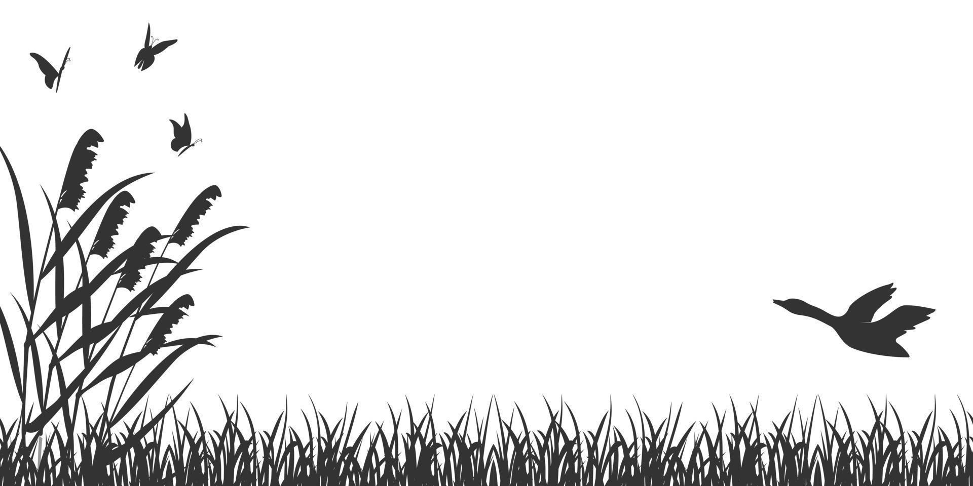 Black silhouette landscape with reeds and flying duck. Background with grass, reeds and butterflies. vector