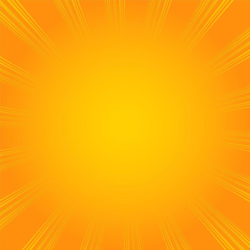 Bright orange sunny background with rays towards center. Vector illustration of bright flare for design.