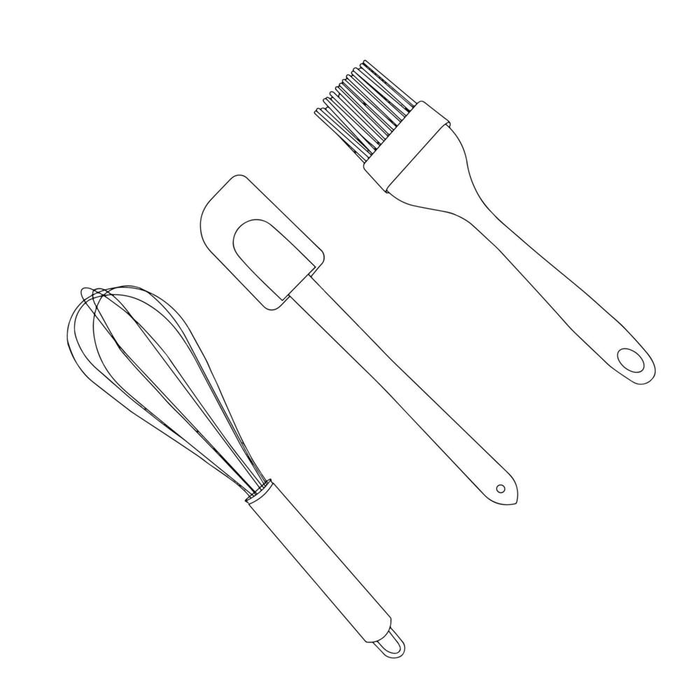 A set of kitchen tools. Corolla, scapula, brush. Linear clip art illustrations. vector