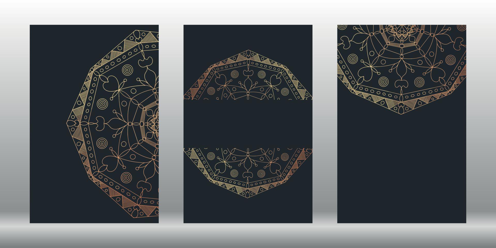 A set of templates. Dark background with lace. Golden mandala. vector