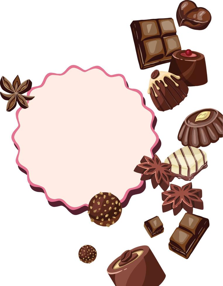 Top view on dark chocolate with cocoa beans, cinnamon and anise over white with sample text. High quality illustration vector