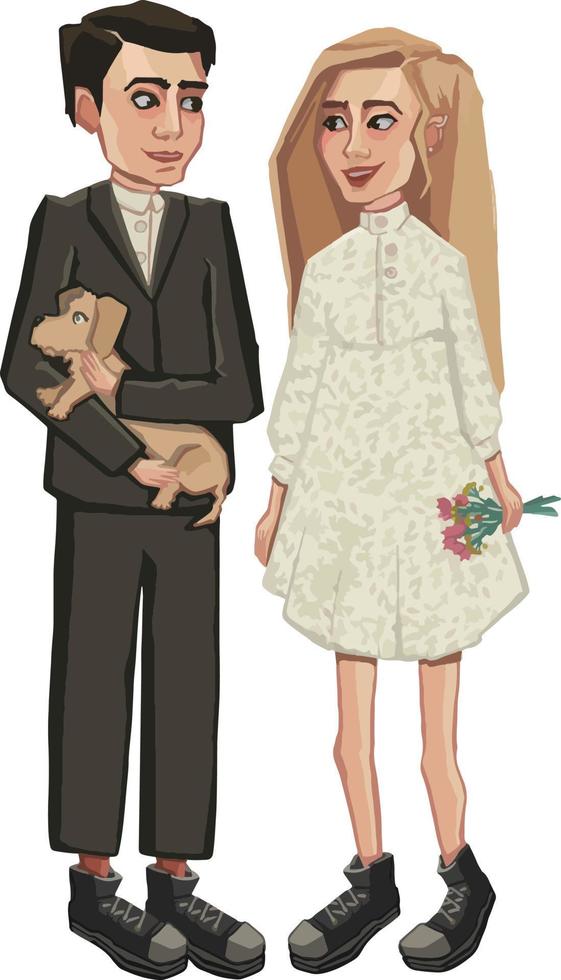 lindos personajes de mujer y hombre en ropa hermosa de pie aislado sobre fondo blanco. hermosa pareja sonriente en ropa fashinable dibujos animados ilustración de alta calidad vector