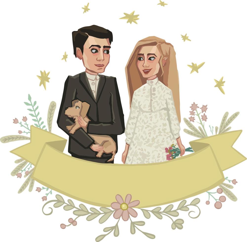 pareja de novios con pancarta y alta ilustración. vector