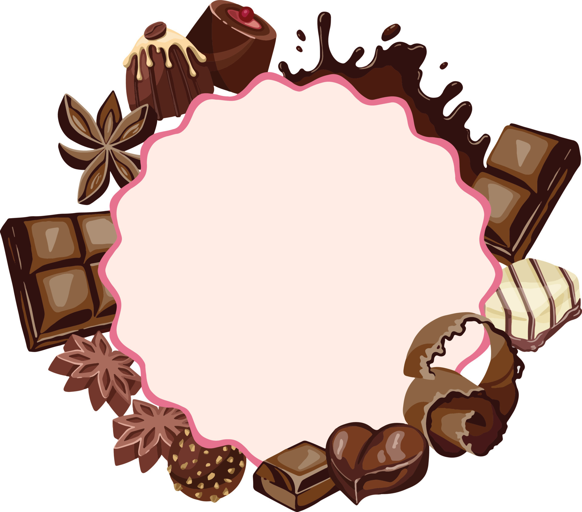 Round frame from a variety of chocolates, isolated on white background