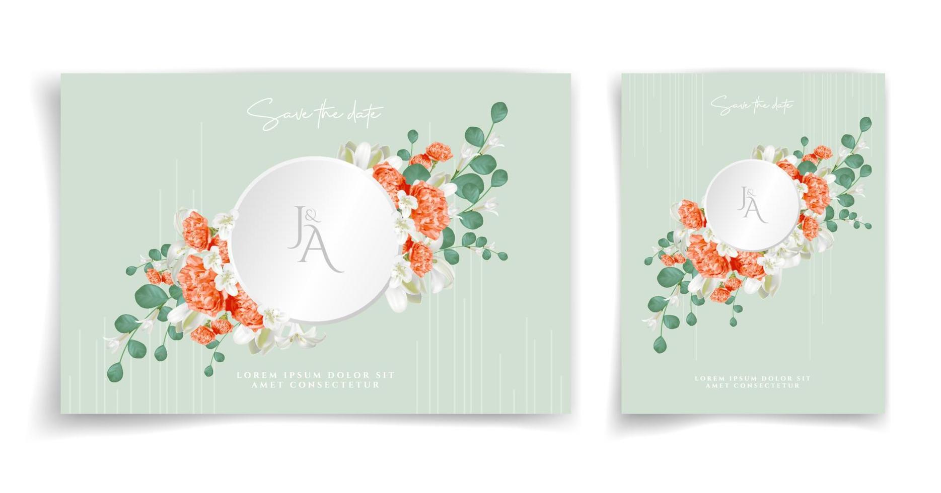 Floral wedding card or invitation card on green background elegant and luxury style. Feel fresh with natural theme. vector