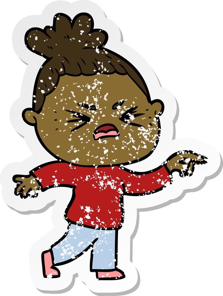 distressed sticker of a cartoon angry woman vector