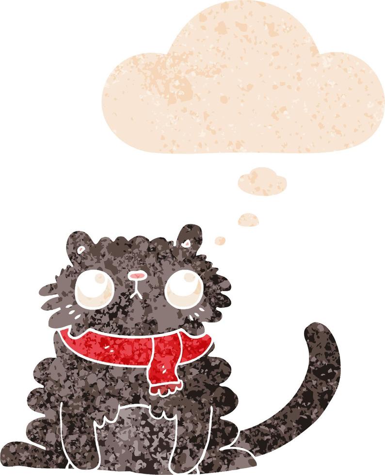 cartoon cat and thought bubble in retro textured style vector