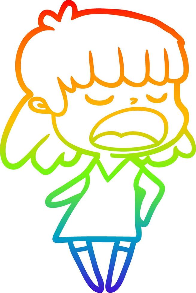 rainbow gradient line drawing cartoon woman talking loudly vector
