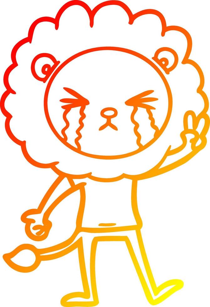 warm gradient line drawing cartoon crying lion giving peace sign vector