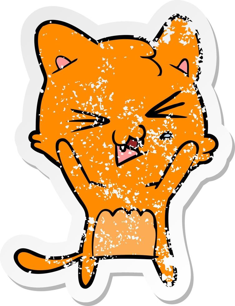 distressed sticker of a cartoon hissing cat vector