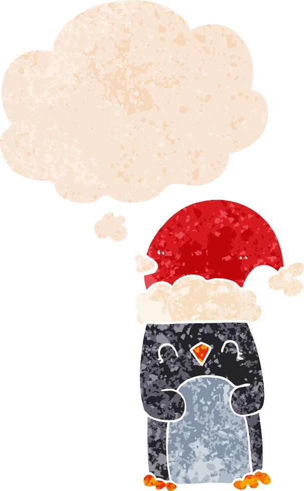 cartoon penguin and thought bubble in retro textured style vector