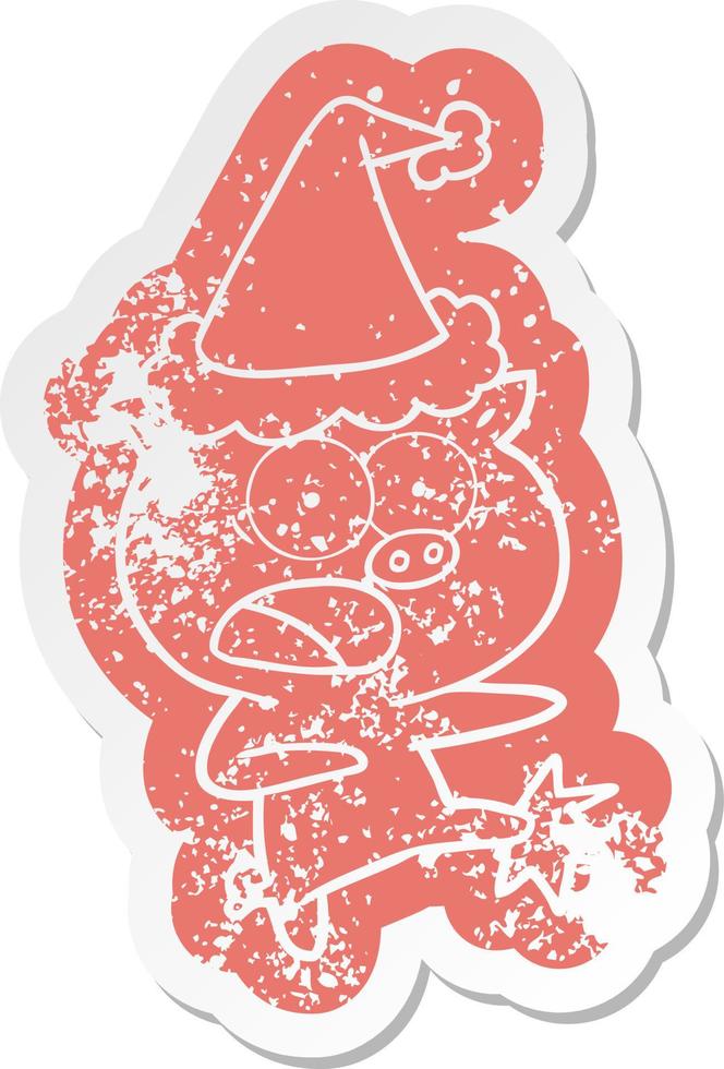 cartoon distressed sticker of a pig shouting and kicking wearing santa hat vector