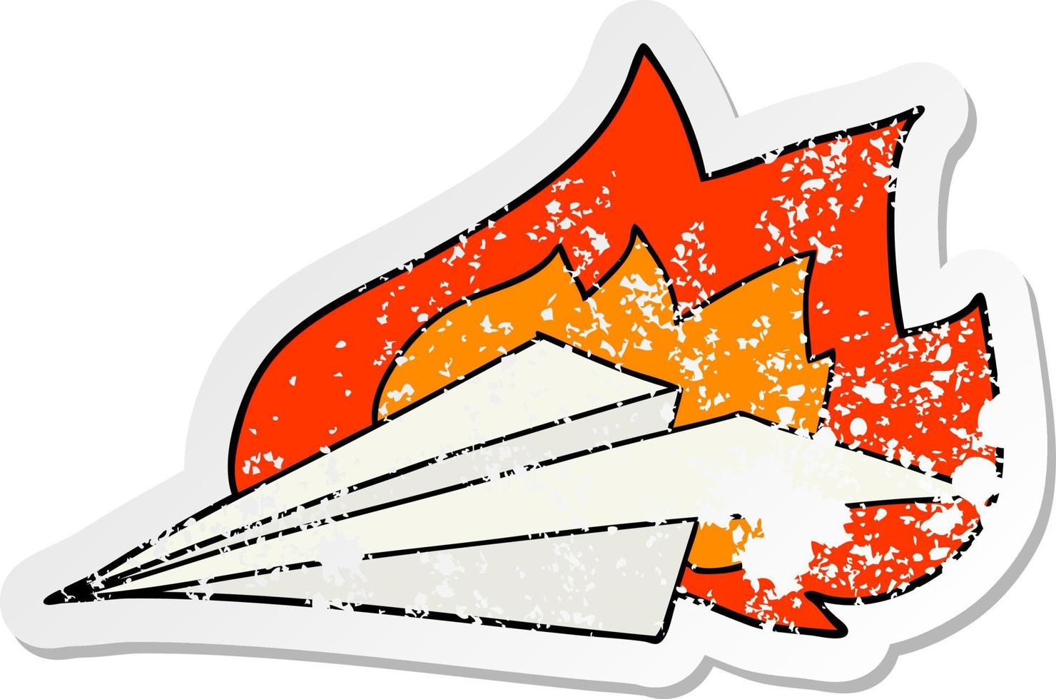 distressed sticker of a cartoon burning paper airplane vector