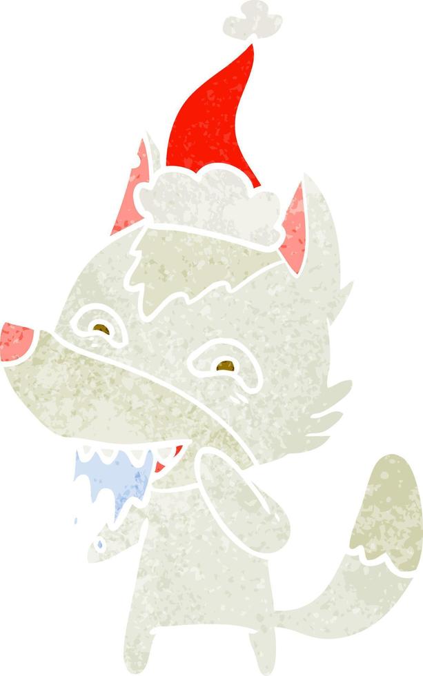 retro cartoon of a hungry wolf wearing santa hat vector
