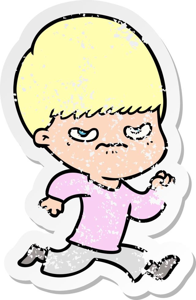 distressed sticker of a annoyed cartoon boy vector