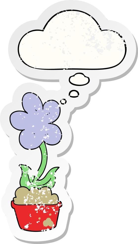 cute cartoon flower and thought bubble as a distressed worn sticker vector