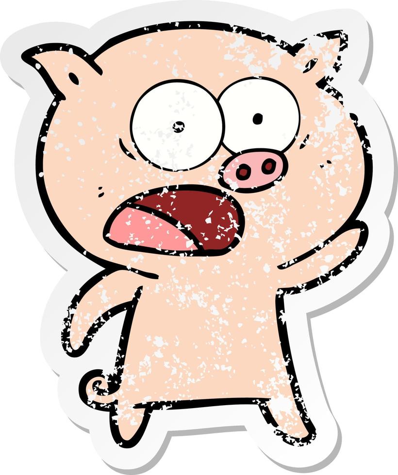 distressed sticker of a cartoon pig shouting vector