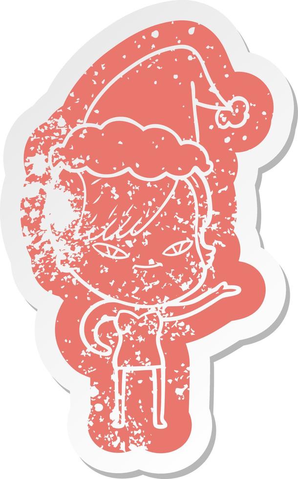 cute cartoon distressed sticker of a girl with hipster haircut wearing santa hat vector