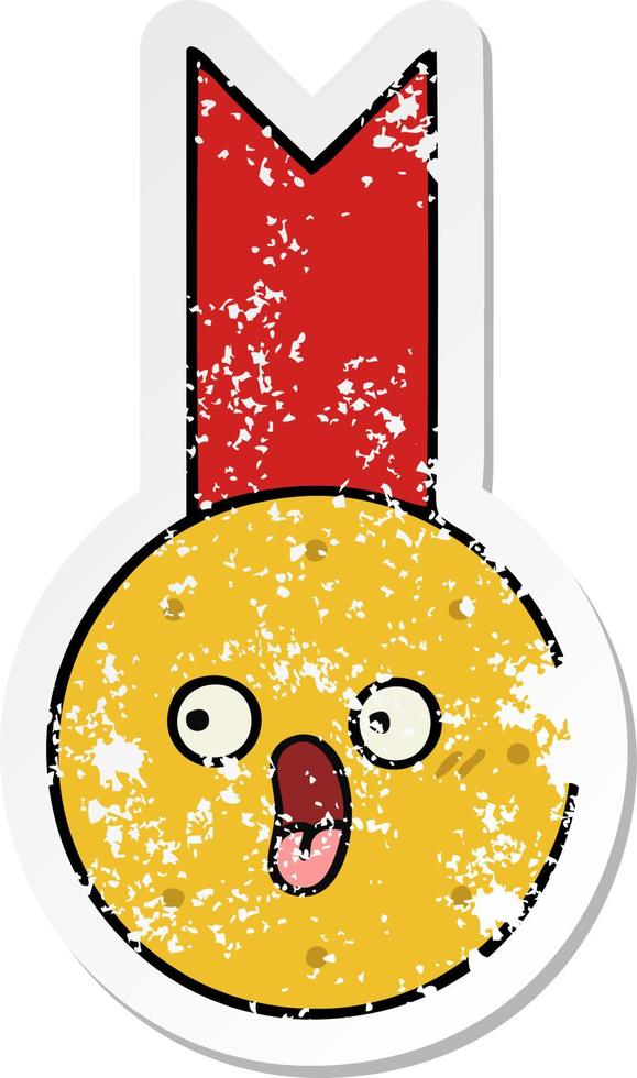 distressed sticker of a cute cartoon gold medal vector