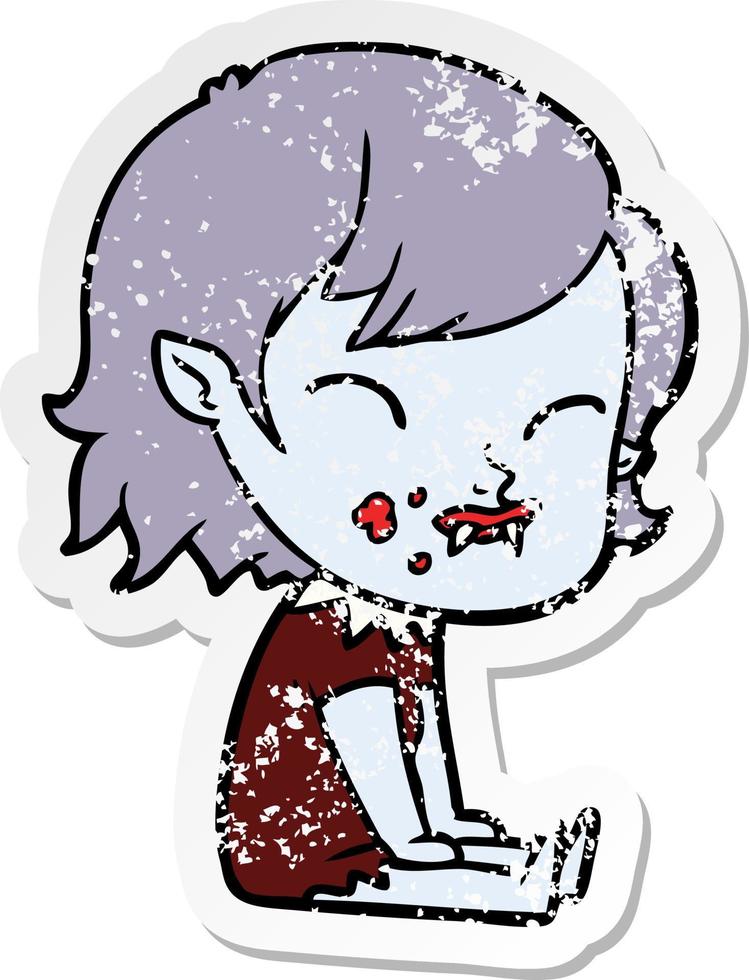 distressed sticker of a cartoon vampire girl with blood on cheek vector