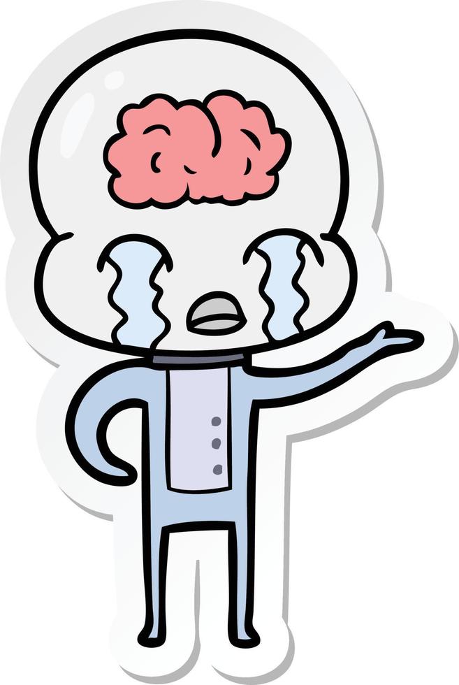 sticker of a cartoon big brain alien crying vector