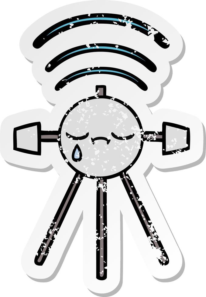 pegatina angustiada de un lindo satélite llorando de dibujos animados vector