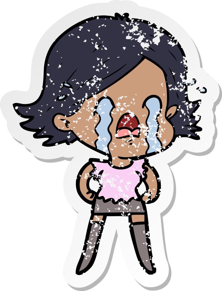 distressed sticker of a cartoon woman crying vector