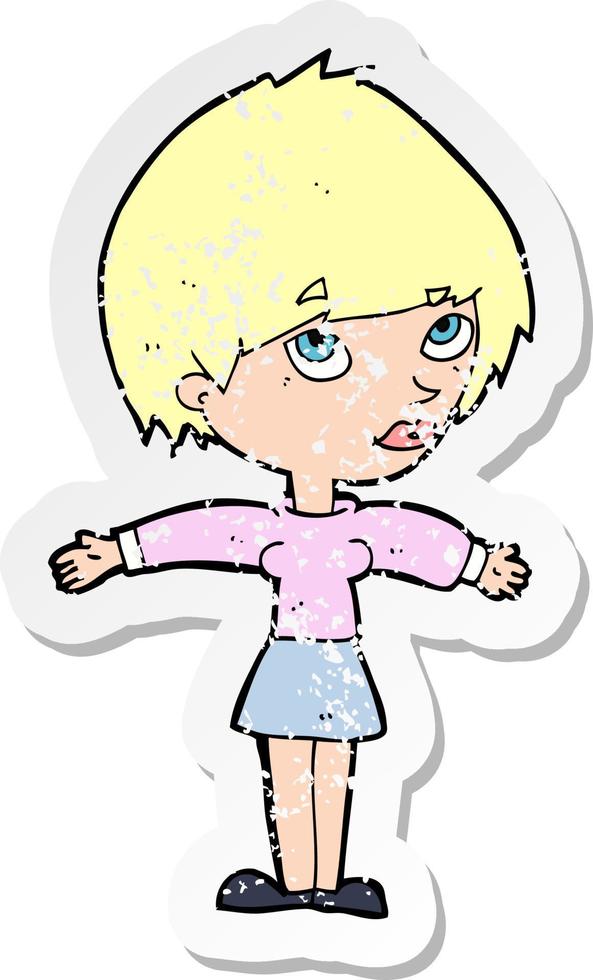 retro distressed sticker of a cartoon woman with open arms vector