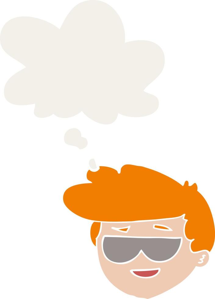 cartoon boy wearing sunglasses and thought bubble in retro style vector