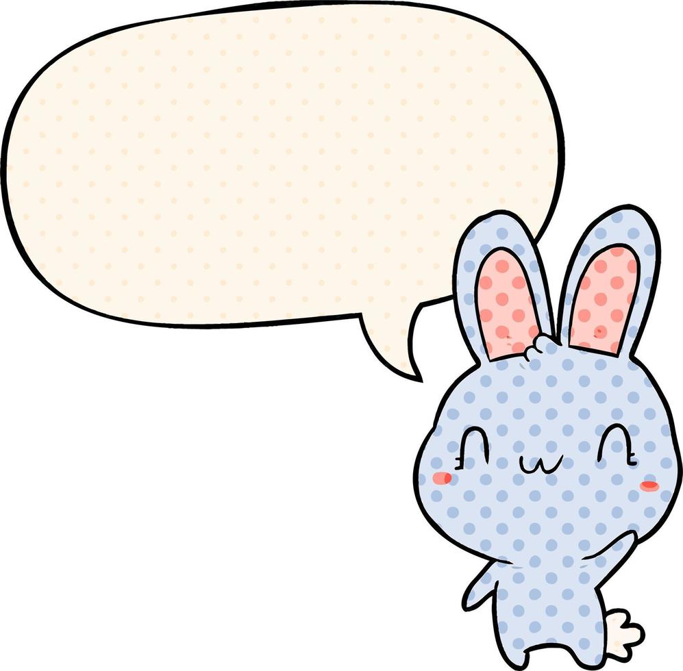 cute cartoon rabbit waving and speech bubble in comic book style vector