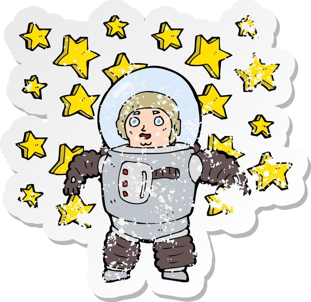 retro distressed sticker of a cartoon astronaut vector