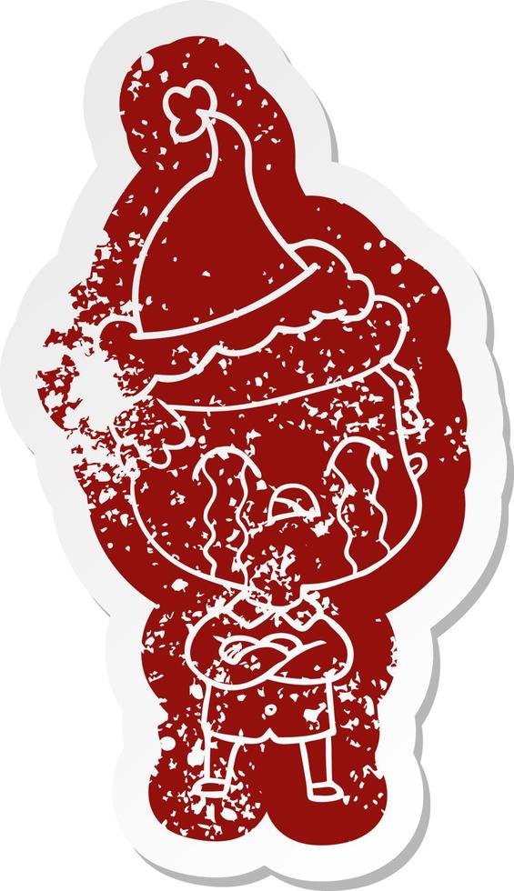 cartoon distressed sticker of a man crying wearing santa hat vector