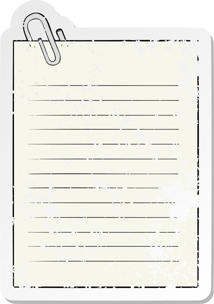 distressed sticker of a cartoon lined paper with paperclip vector