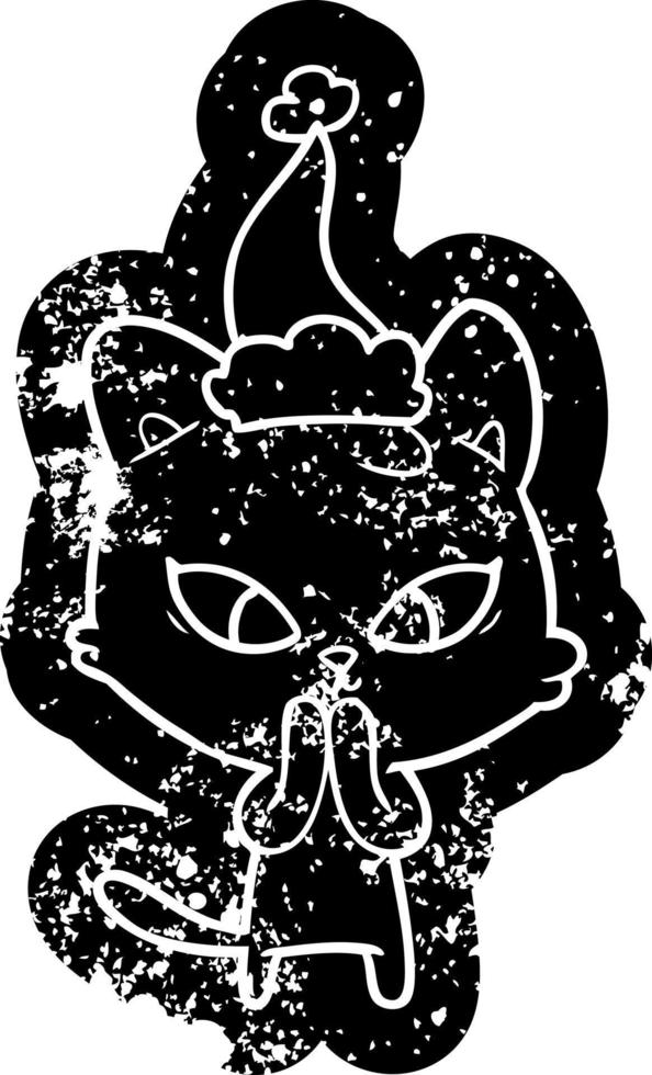 cute cartoon distressed icon of a cat wearing santa hat vector