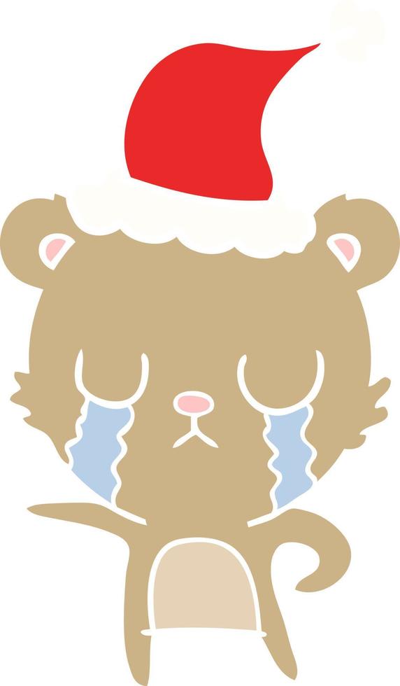 crying flat color illustration of a bear wearing santa hat vector