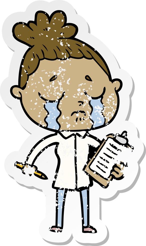 distressed sticker of a cartoon crying saleswoman vector