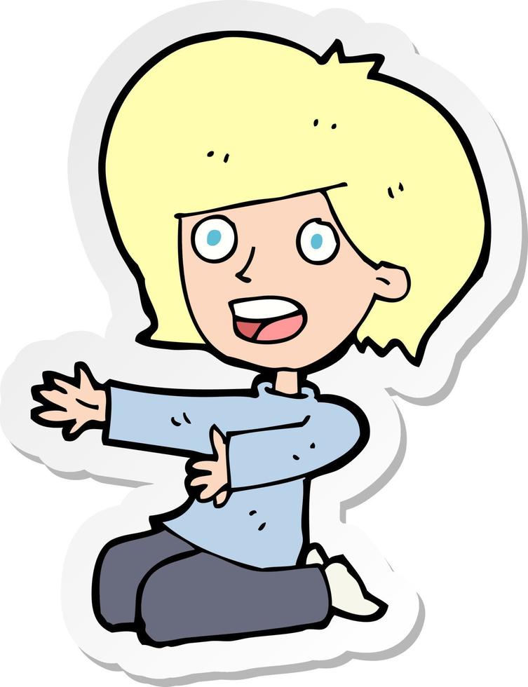 sticker of a cartoon shocked woman on knees vector
