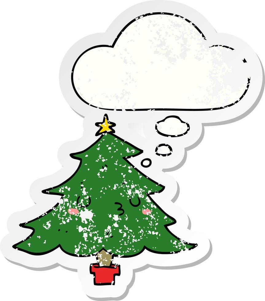 lindo árbol de navidad de dibujos animados y burbuja de pensamiento como una pegatina desgastada angustiada vector